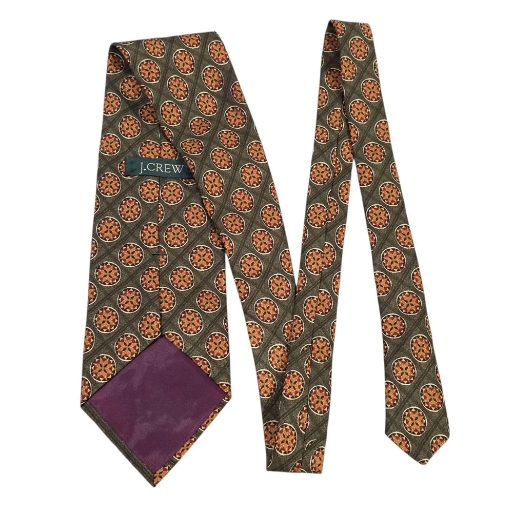 Vintage J.CREW Silk Medallion Pattern Tie Green Orange Men's Luxury Neckwear‎